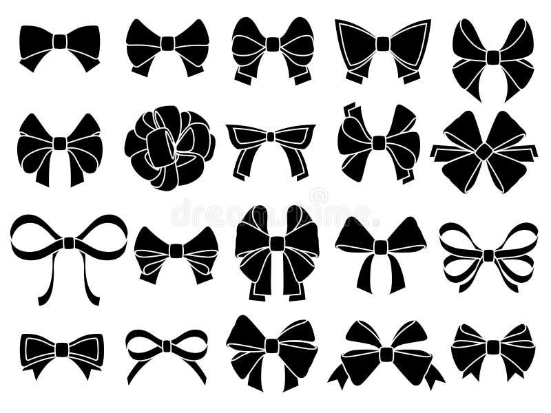 Decorative bow silhouette. Gift wrapping favor ribbon, black jubilee bows stencil. Christmas, anniversary or valentine day packaging ribbons, party decor bow. Isolated vector icons set. Decorative bow silhouette. Gift wrapping favor ribbon, black jubilee bows stencil. Christmas, anniversary or valentine day packaging ribbons, party decor bow. Isolated vector icons set