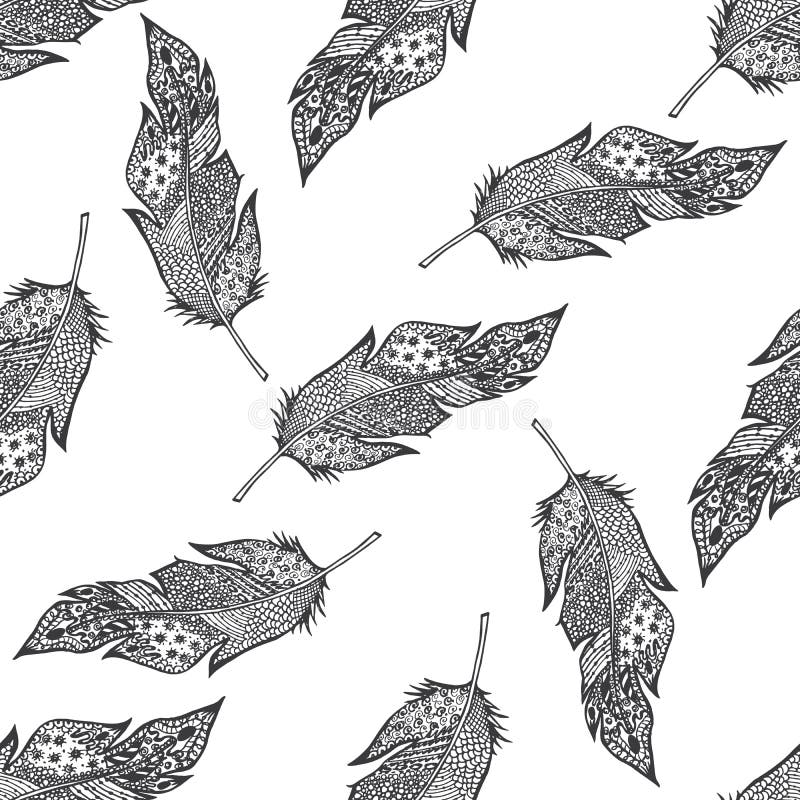 Dekorativ hand drog skissade fjädrar sömlös modell, vektorillustration med prydnaden som isoleras stock illustrationer Dekorativ hand drog skissade fjädrar sömlös modell, vektorillustration med prydnaden som isoleras stock illustrationer