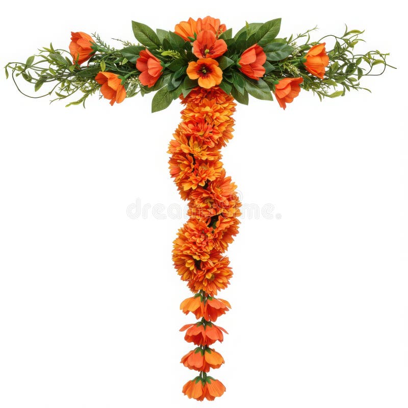 Dekorativ orange blomsterodlingsmark med gröna blad på vit bakgrund stock illustrationer