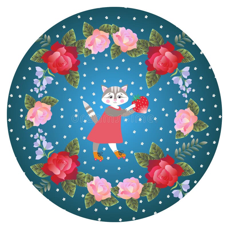 Dekorativ plattamall med den gulliga älskvärda kattungen och kransen av rosor och klockablommor royaltyfri illustrationer Dekorativ plattamall med den gulliga älskvärda kattungen och kransen av rosor och klockablommor royaltyfri illustrationer