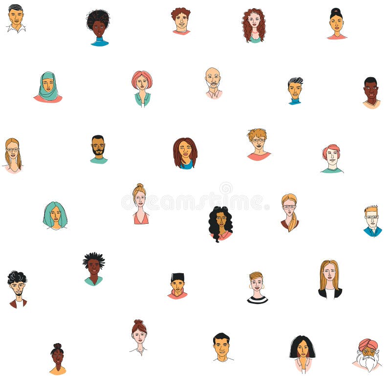 Dekorativa bakgrund för modell för olika kvinnors mäns huvud sömlös Multietnisk grupp royaltyfri illustrationer Dekorativa bakgrund för modell för olika kvinnors mäns huvud sömlös Multietnisk grupp royaltyfri illustrationer