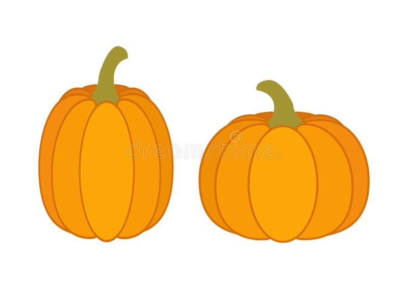 Dekorativa orangefärgade pumpor som lämpar sig för höstskördededekorationer som visas i ett enkelt minimalistiskt format på vit bakgrund.