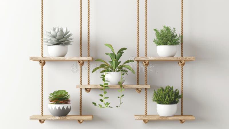 Decorative wooden shelves hanging from ropes with plants in ceramic pots. Racks on white wall background. Realistic 3D modern illustration for interior decoration.. AI generated. Decorative wooden shelves hanging from ropes with plants in ceramic pots. Racks on white wall background. Realistic 3D modern illustration for interior decoration.. AI generated