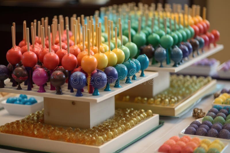 Dekorative Kuchen-Pop-Anzeige mit einem Regenbogen von Farben und passenden Oberteil stock abbildung
