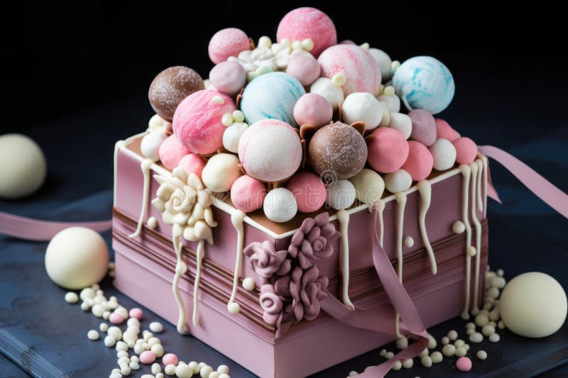 Dekorativer Kuchen in Form einer Geschenkbox, die mit Kuchenpopps überflutet stock abbildung