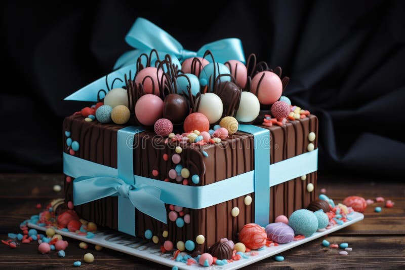 Dekorativer Kuchen in Form einer Geschenkbox, die mit Kuchenpopps überflutet lizenzfreie abbildung