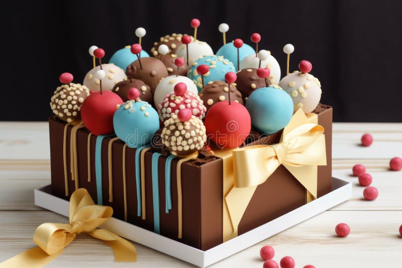 Dekorativer Kuchen in Form einer Geschenkbox, die mit Kuchenpopps überflutet. Dekorativer Kuchen in Form einer Geschenkbox, die mit Kuchenpoppen überflutet wird, die mit Aai-Genie kreiert wurden