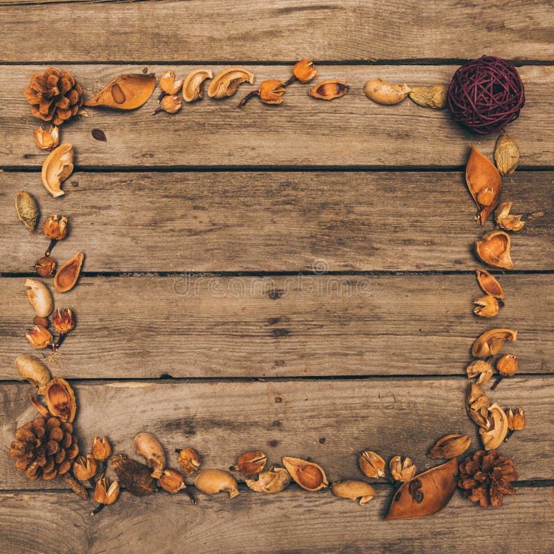 Dekorativer Rahmen gemacht von den trockenen Kegeln, von den Blumen und von den Samen auf rustikalem Holztisch lizenzfreies stockbild Dekorativer Rahmen gemacht von den trockenen Kegeln, von den Blumen und von den Samen auf rustikalem Holztisch lizenzfreies stockbild