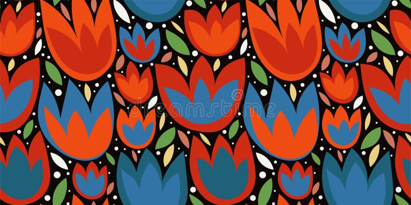 Dekoratives einfaches nahtlose Muster mit abstrakten Tulpenblumen, Blätter auf einem dunklen Hintergrund lizenzfreie abbildung