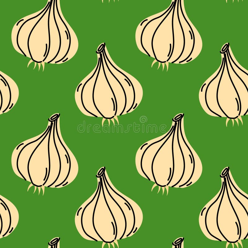 Dekoratives Muster mit Knoblauchzwiebeln vor einem lebendigen grünen Hintergrund lizenzfreie abbildung