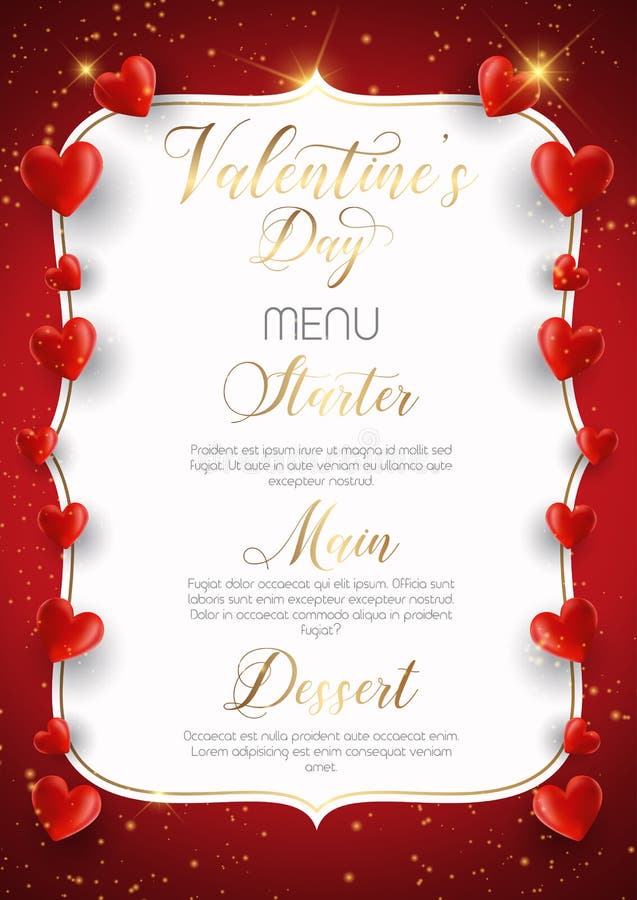 Valentine`s Day menu design with decorative hearts. Valentine`s Day menu design with decorative hearts