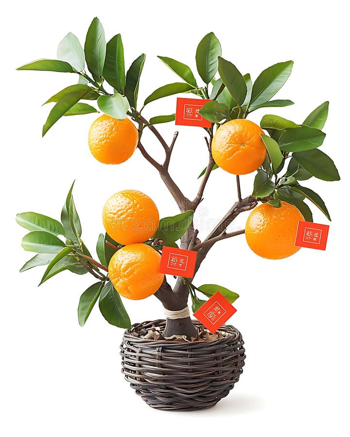 Dekorativt orange träd med vibrerande apelsiner i vävd korg royaltyfri illustrationer