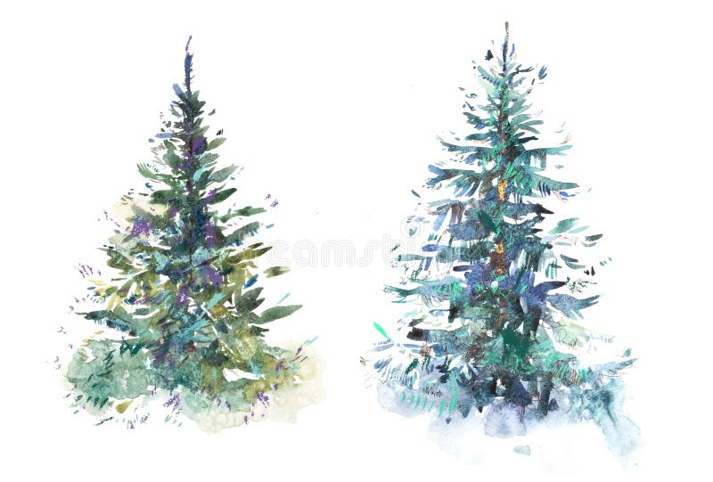Dekorerad teckning för färg för vatten för illustration för vattenfärg för nytt år för julträd