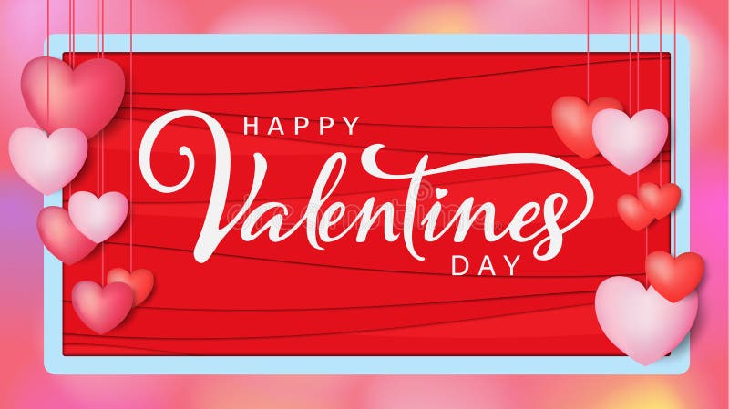 Dekorerade den calligraphic inskriften för den lyckliga dagen för valentin` s med röd hjärta- och rosa färgbakgrund illustration