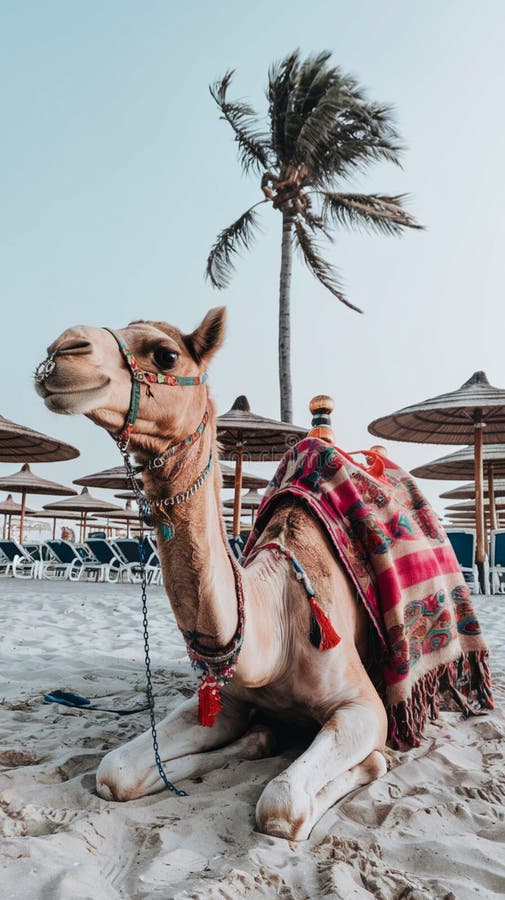 Dekoriertes Kamel ruht auf sonniger Strandlage, belebter Nasenring und Decke vektor abbildung
