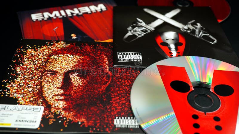 Rome, February 10, 2020: Covers of CDs by American rapper, songwriter, record producer, film producer, and actor, EMINEM. one of the greatest and most influential artists of all time in HIP HOP. Rome, February 10, 2020: Covers of CDs by American rapper, songwriter, record producer, film producer, and actor, EMINEM. one of the greatest and most influential artists of all time in HIP HOP