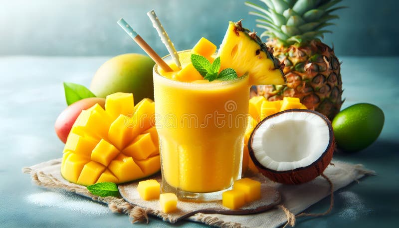 Del tropical rafraîchissant avec ananas à la mangue et lait de coco dans un verre réfrigéré. Fraîchement mélangé smoothie tropical avec ananas à la mangue et lait de coco servi dans un verre avec une condensation de paille formant vibrante et rafraîchissante