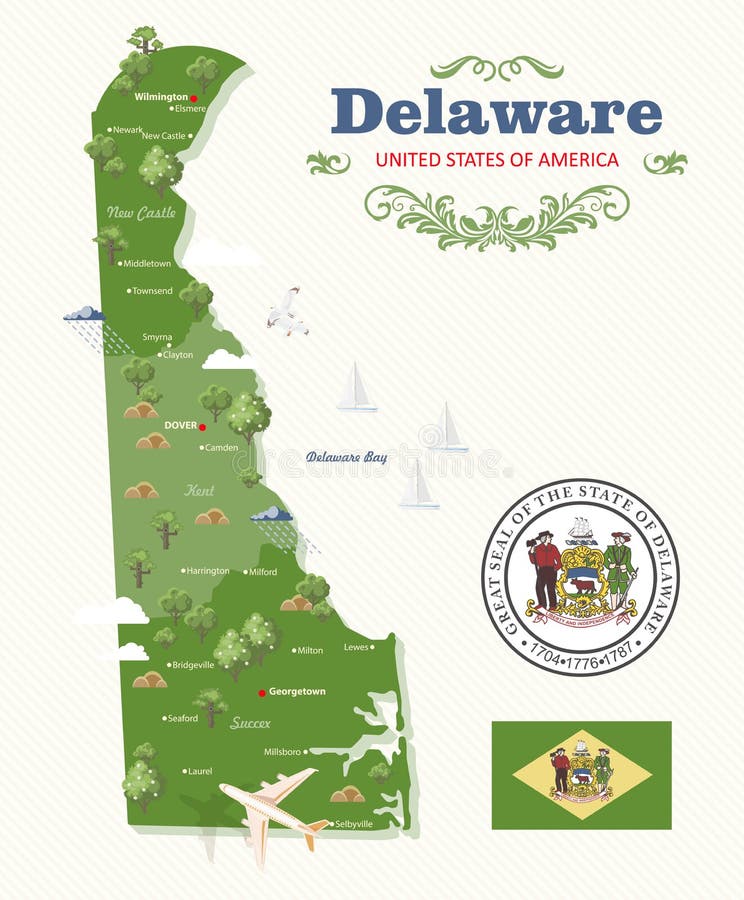 Delaware vector illustration with map and colorful detailed landscapes in modern flat design vector illustration Delaware vector illustration with map and colorful detailed landscapes in modern flat design vector illustration