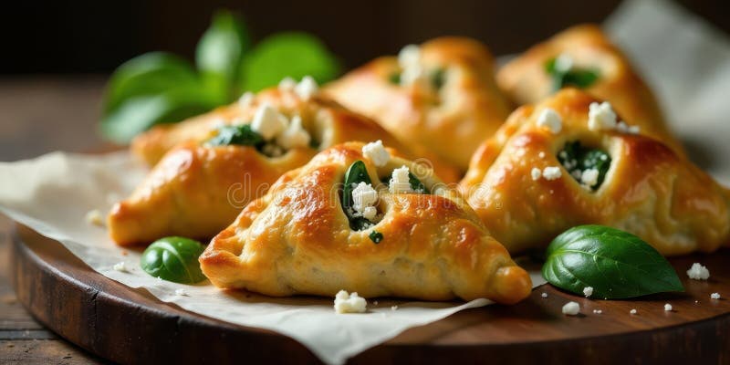 A delectable array of golden-brown pastries, filled with savory spinach and creamy cheese, artfully arranged on a rustic wooden royalty free illustration