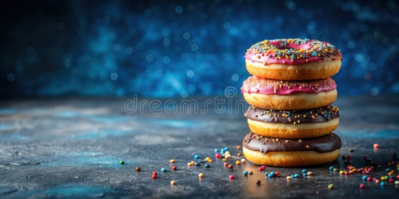 A delectable stack of four assorted donuts with colorful sprinkles, arranged on a dark textured surface. Generative AI vector illustration