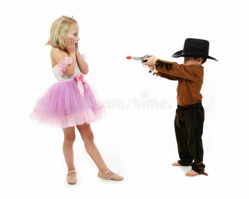 Little boy dressed as a deputy and girl in ballerina costume role-playing. Little boy dressed as a deputy and girl in ballerina costume role-playing