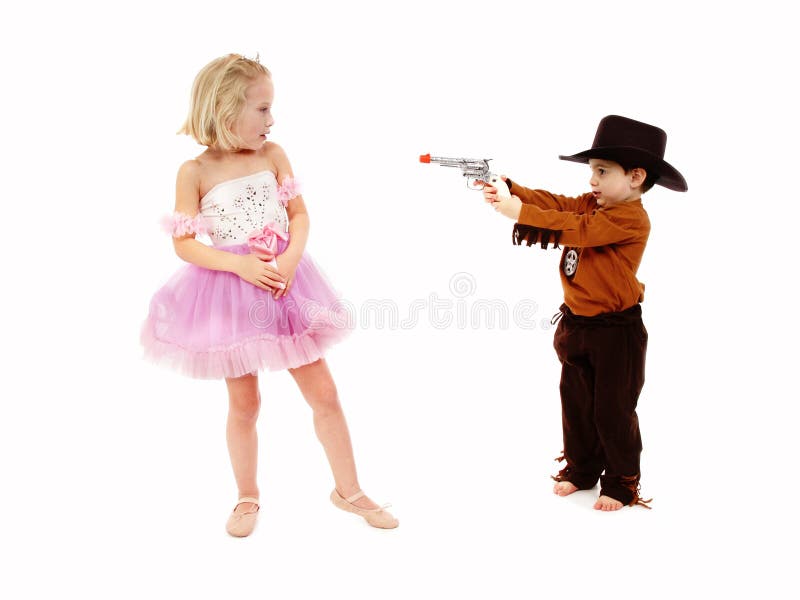 Little boy dressed as a deputy and girl in ballerina costume role-playing. Little boy dressed as a deputy and girl in ballerina costume role-playing