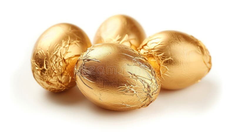 Deleite dorado : huevos de chocolate envueltos en una lámina brillante sobre fondo blanco stock de ilustración