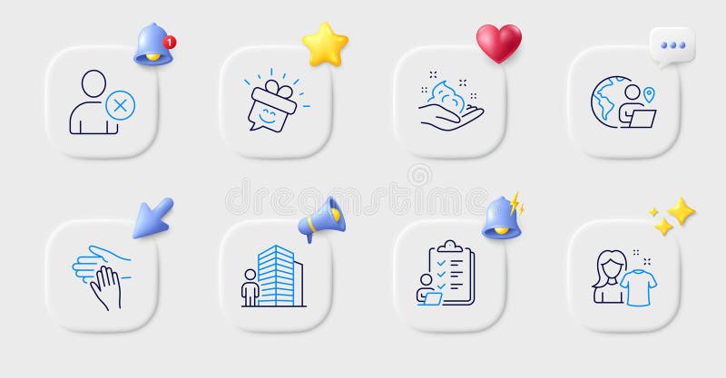 Delete user, Skin care and Checklist line icons. For web app, printing. Vector stock illustration