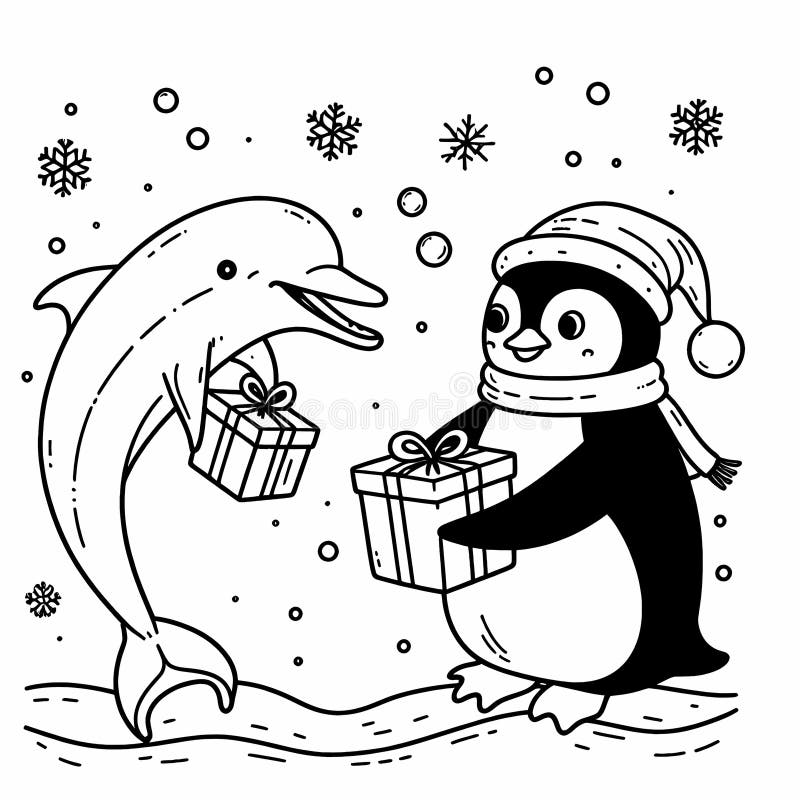 Delfin och penguin som utbyter julklappar under vatten. royaltyfri illustrationer