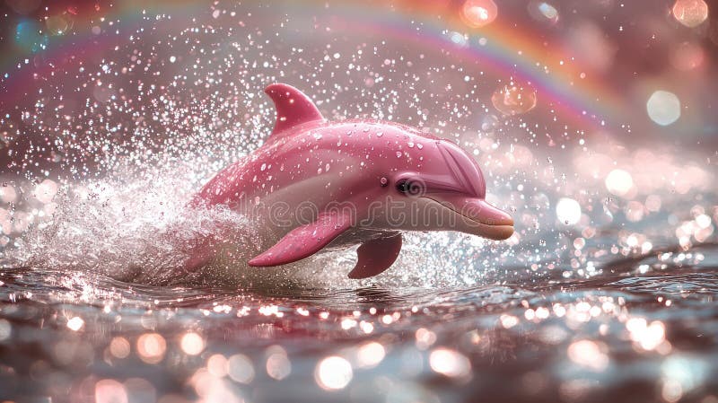 Delfin roz magic sărind din ocean cu un curcubeu în fundal, sub un aer strălucitor și plin de viață stock illustration