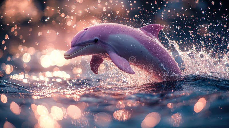 Delfin roz magic sărind din ocean cu un curcubeu în fundal, sub un aer strălucitor și plin de viață royalty free illustration