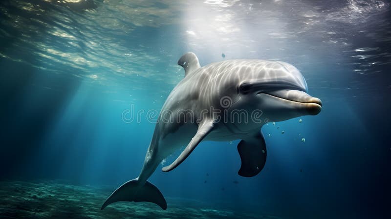 Delfin unter Wasser auf blauem Meeresgrund. Delphin unter Wasser auf blauem Meeresgrund ai generierte Bild