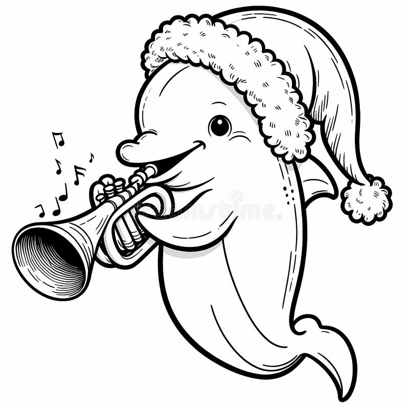 Delfinen bar en tomhatt och spelar en trumpet. royaltyfri illustrationer