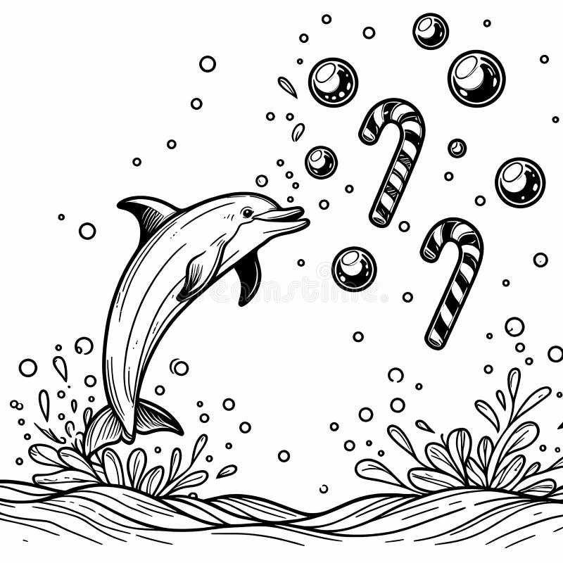 Delfiner leker med flytande godis. stock illustrationer