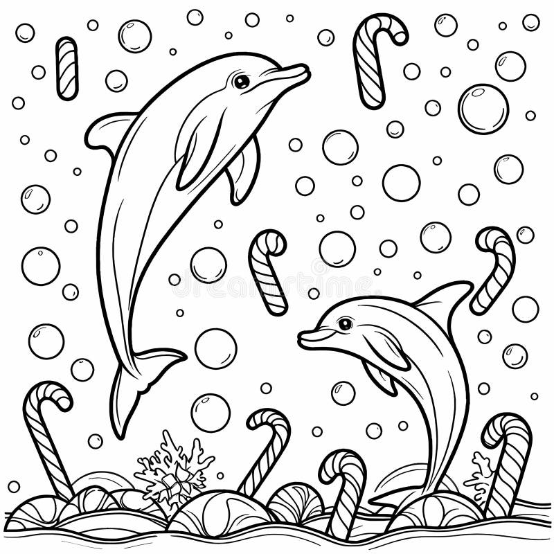 Delfiner leker med flytande godis. stock illustrationer