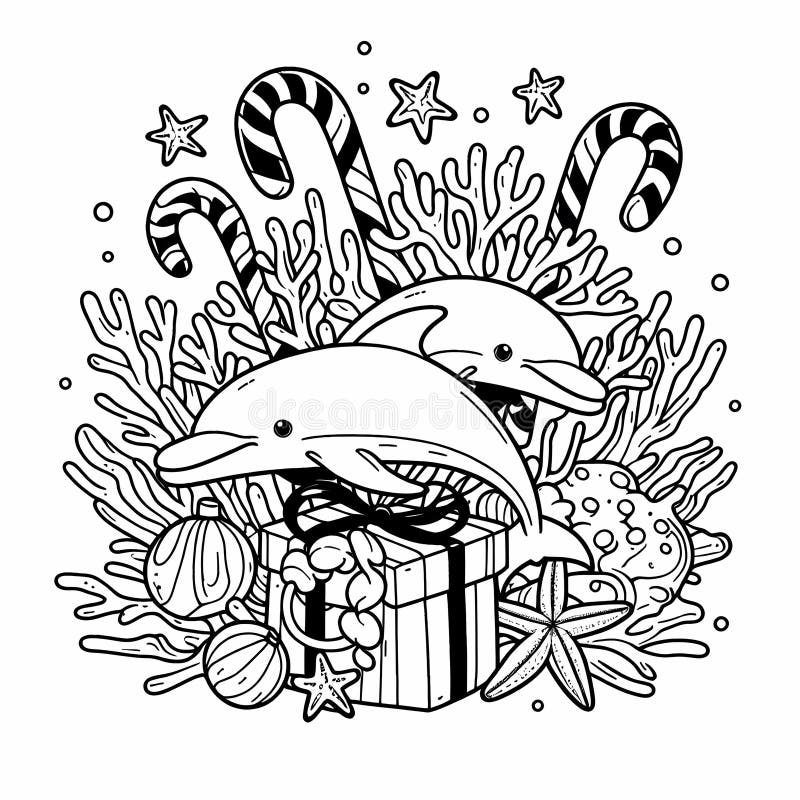 Delfiner omgivna av korallgodis och havsstjärnor. stock illustrationer