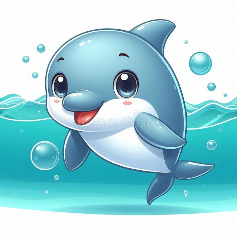 Delfino in cartone animato carino con espressione felice nuotare sott'acqua di mare 3 illustrazione vettoriale
