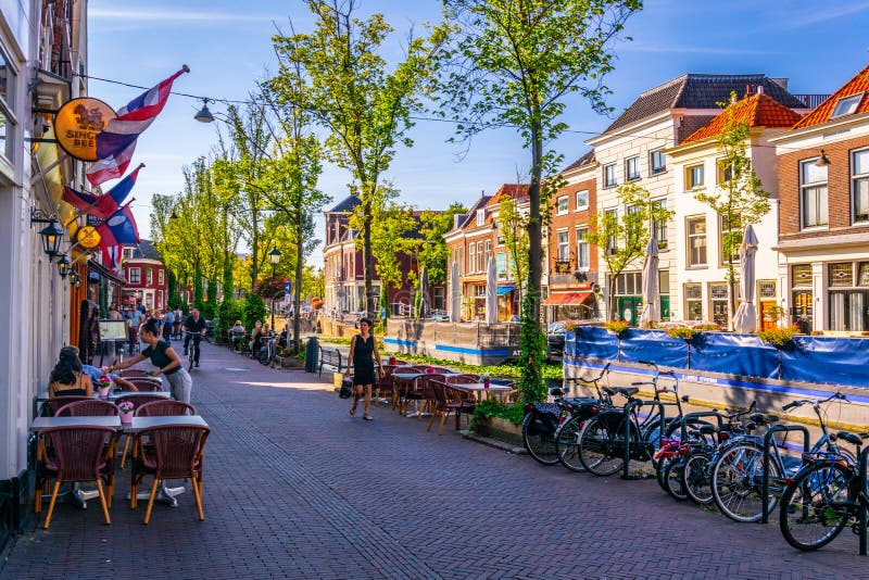 DELFT, NETHERLANDS, AUGUST 6, 2018 Typical Dutch Buildings Alongside a