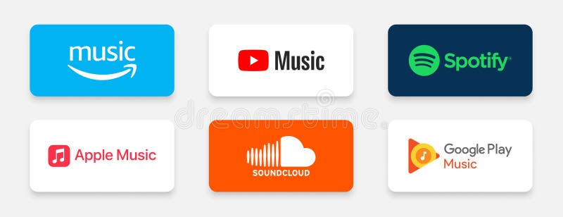 Delhi, INDIA - February 27, 2021: popular music songs streaming brand logos like amazon music soundcloud spotify and more