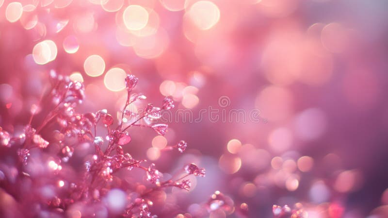 Delicada rama rosa con luces de bokeo. Un cierre de una rama rosa con un fondo suave y borroso de luces de bokeh creando una imagen romántica y delicada. ai generativo
