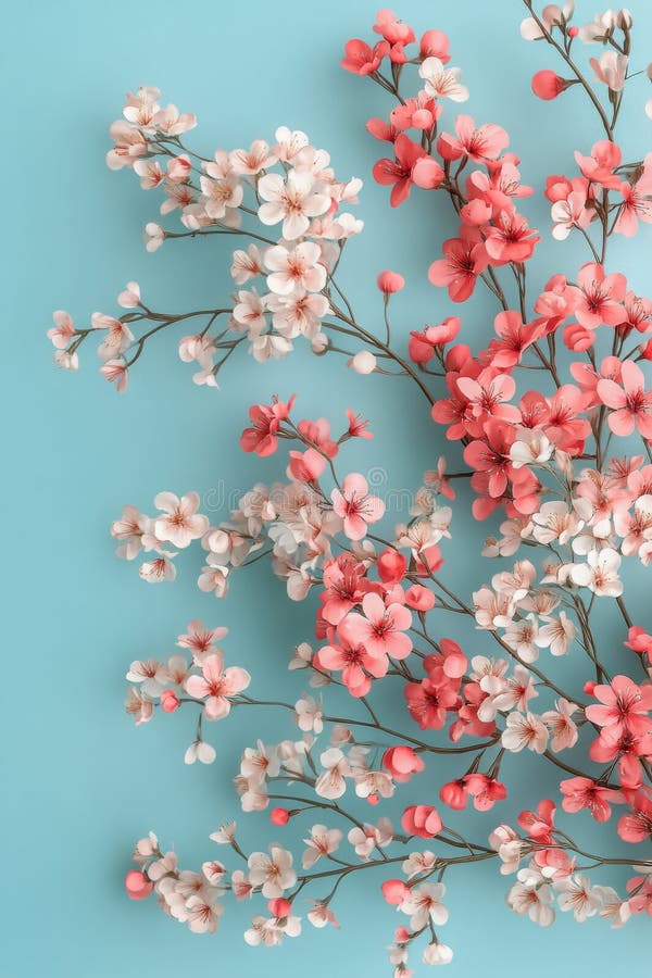 Delicadas flores rosas con un suave bokeh sobre un fondo turquesa durante la floración de primavera. Las flores de cerezo en diferentes tonalidades de rosa y blanco crean un hermoso arreglo contra un relajante fondo turquesa que capta la esencia de la primavera en un aire generado