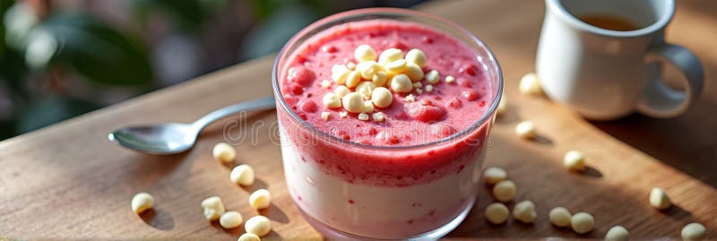 Delicata parfait yogurt di fragole con cioccolato bianco in caffé illuminato dal sole fotografie stock