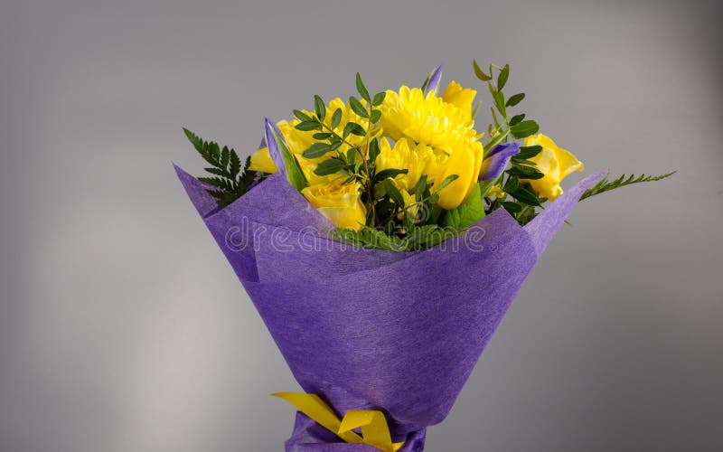 Delicate Beautiful Bouquet of Iris, Roses and Other Flowers in Stock