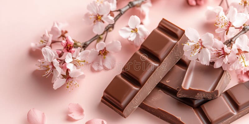 Delicate chocolate bars with blooming sakura flowers on soft pink background royalty free illustration