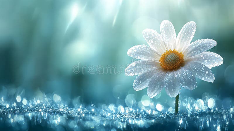 A delicate daisy with dew drops, shining brightly in a serene, soft-focus background royalty free illustration