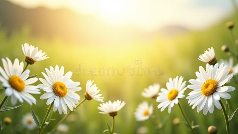Delicate daisy flowers forming a circle softfocus center sunny hillside backdrop bokeh effect highres sharp detail royalty free illustration
