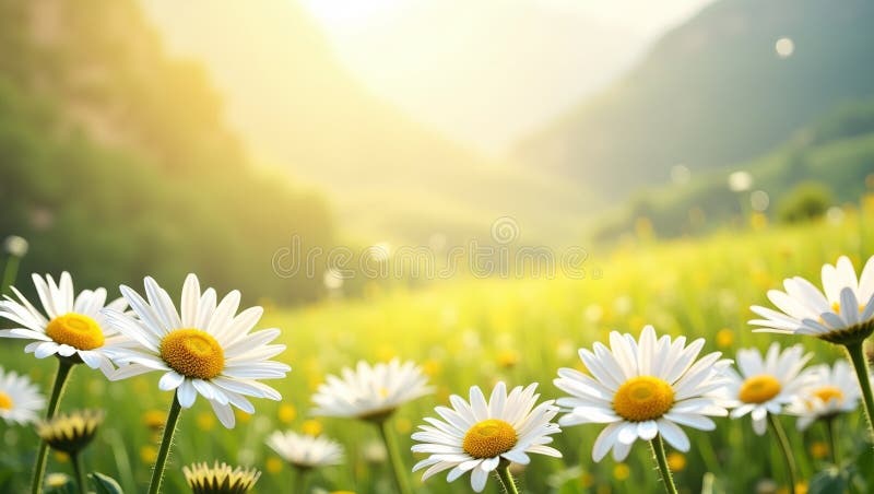 Delicate daisy flowers forming a circle softfocus center sunny hillside backdrop bokeh effect highres sharp detail stock illustration