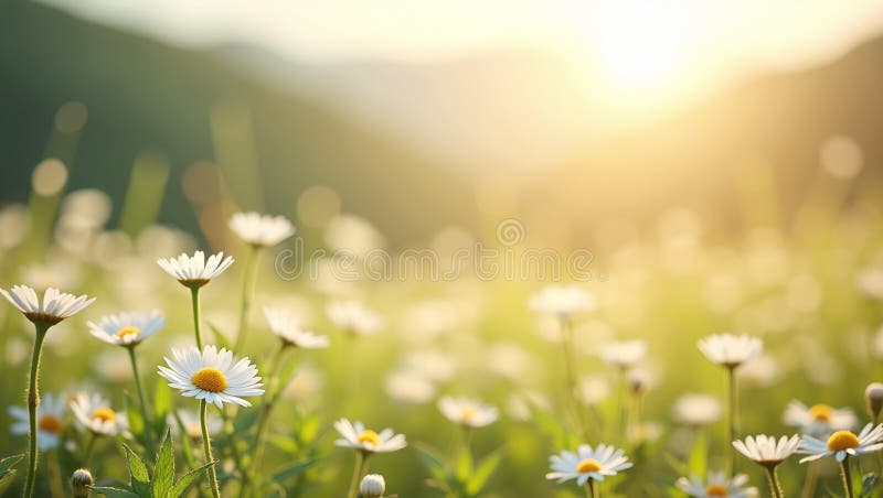 Delicate daisy flowers forming a circle softfocus center sunny hillside backdrop bokeh effect highres sharp detail stock illustration