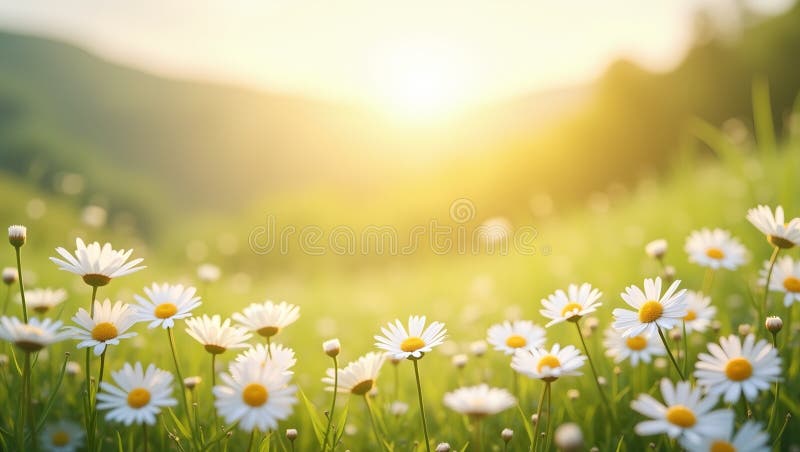 Delicate daisy flowers forming a circle softfocus center sunny hillside backdrop bokeh effect highres sharp detail stock illustration