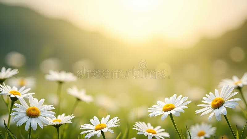 Delicate daisy flowers forming a circle softfocus center sunny hillside backdrop bokeh effect highres sharp detail royalty free illustration